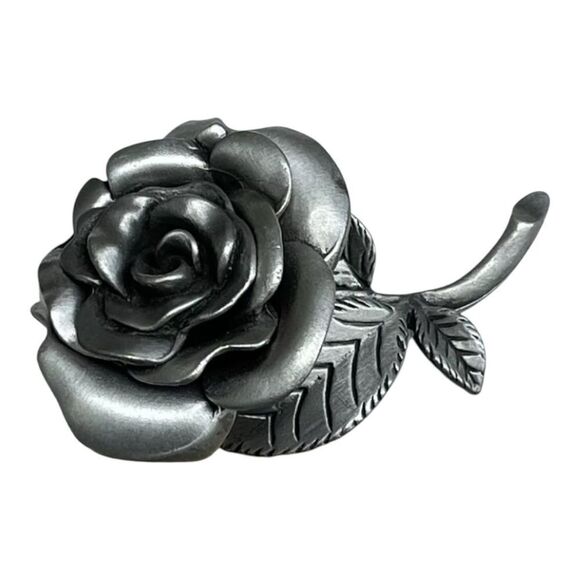 Vintage Brooch Pewter Layered Rose Stem Signed AJRCO Jewelry Pin - Picture 1 of 11